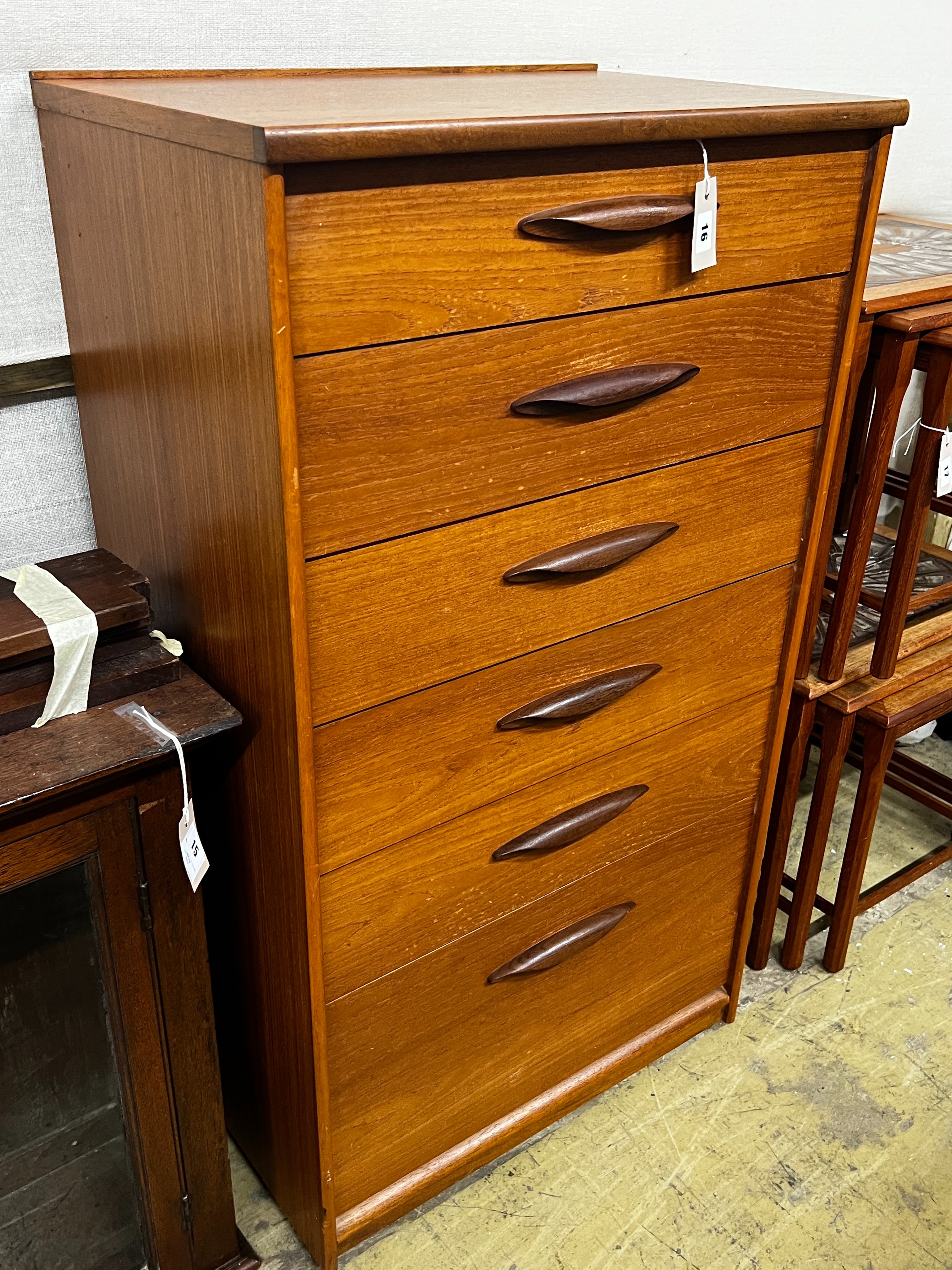 A mid century Austinsuite teak six drawer chest, width 64cm, depth 43cm, height 116cm